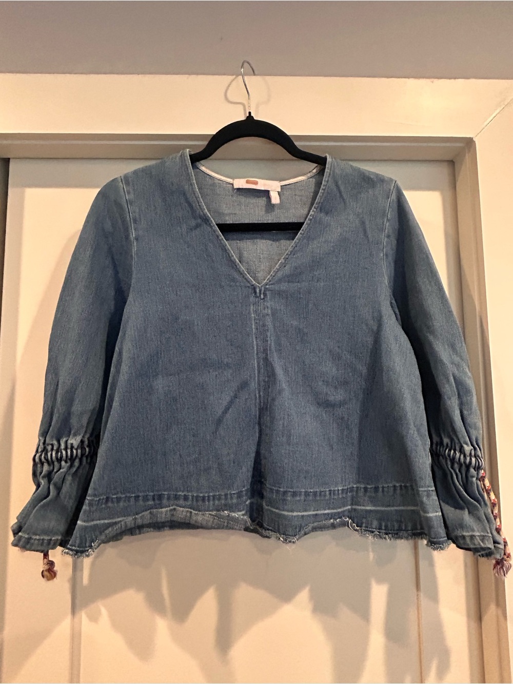 See By Chloé Light Blue Denim V-Neck Peasant Top